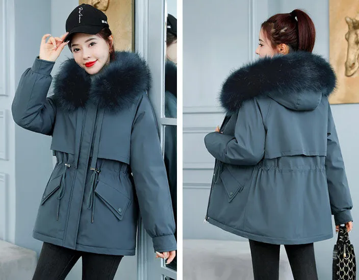 Solid Zip-Up Parka with a Thickened Fleece-Lined Interior
