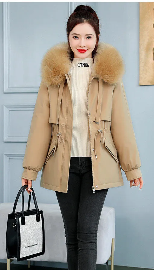 Solid Zip-Up Parka with a Thickened Fleece-Lined Interior