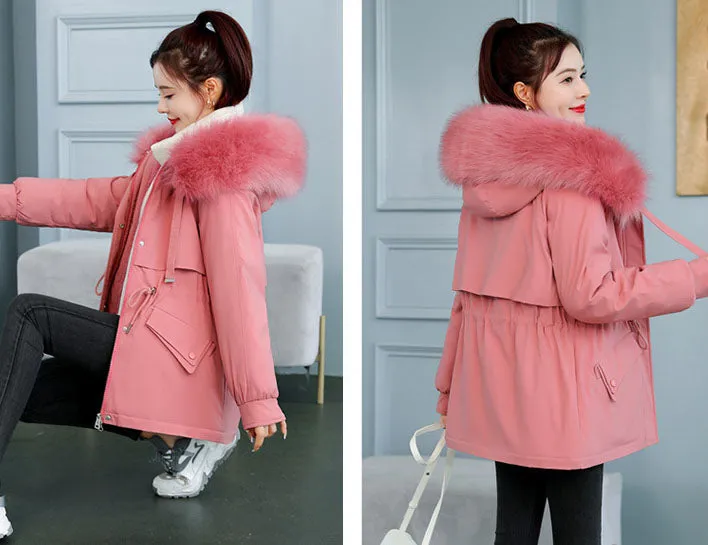 Solid Zip-Up Parka with a Thickened Fleece-Lined Interior