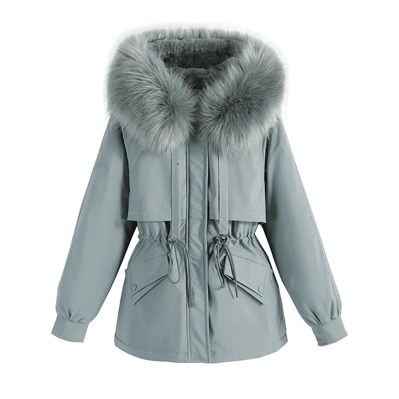 Solid Zip-Up Parka with a Thickened Fleece-Lined Interior