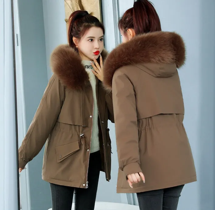Solid Zip-Up Parka with a Thickened Fleece-Lined Interior