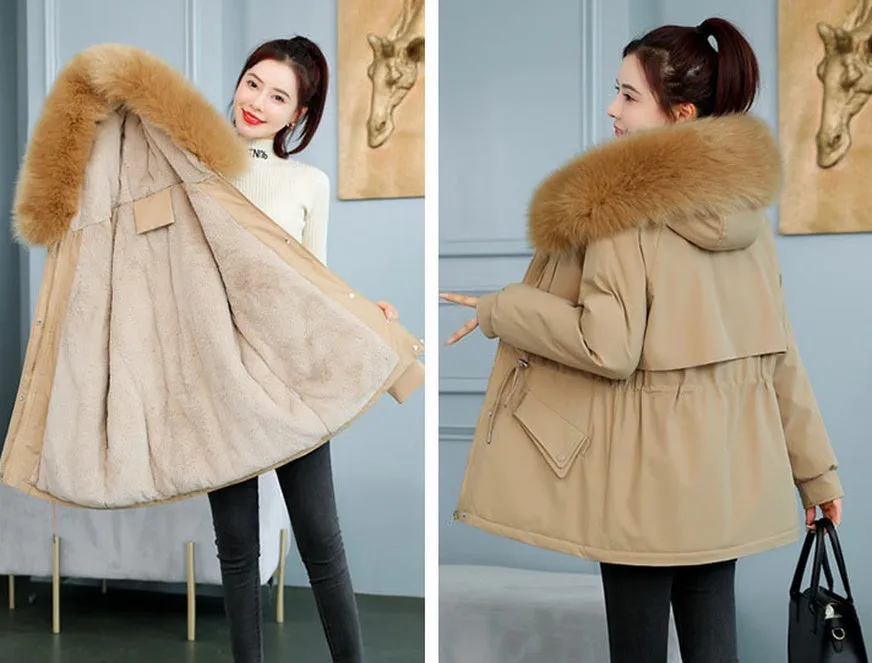 Solid Zip-Up Parka with a Thickened Fleece-Lined Interior