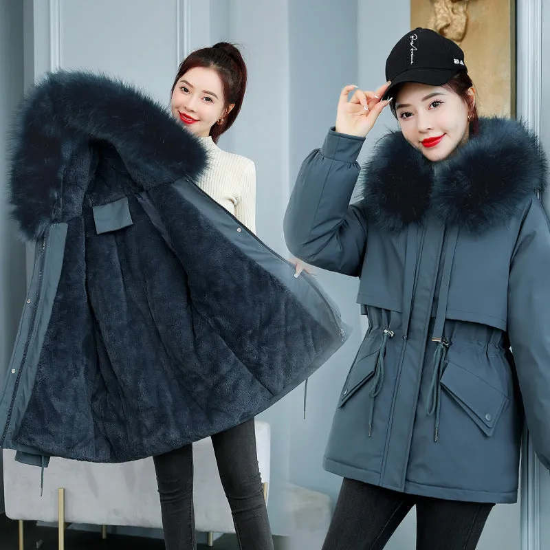 Solid Zip-Up Parka with a Thickened Fleece-Lined Interior
