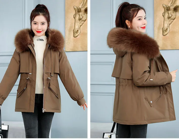 Solid Zip-Up Parka with a Thickened Fleece-Lined Interior