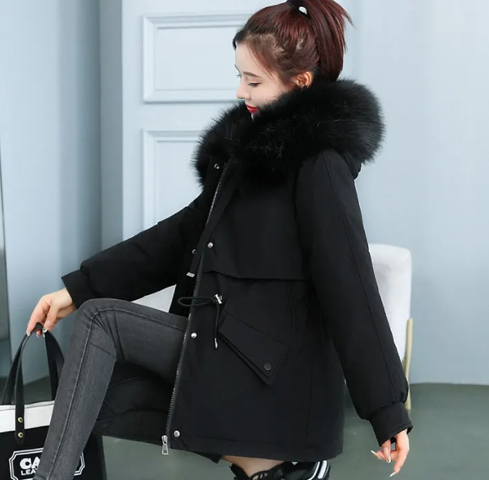 Solid Zip-Up Parka with a Thickened Fleece-Lined Interior