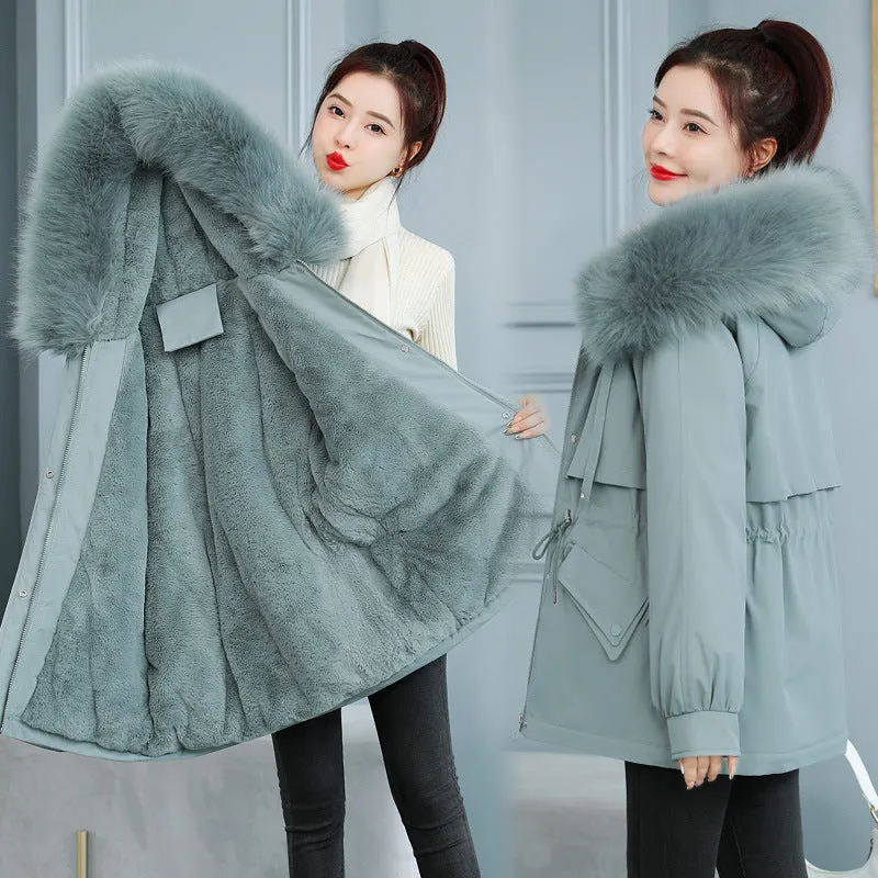 Solid Zip-Up Parka with a Thickened Fleece-Lined Interior