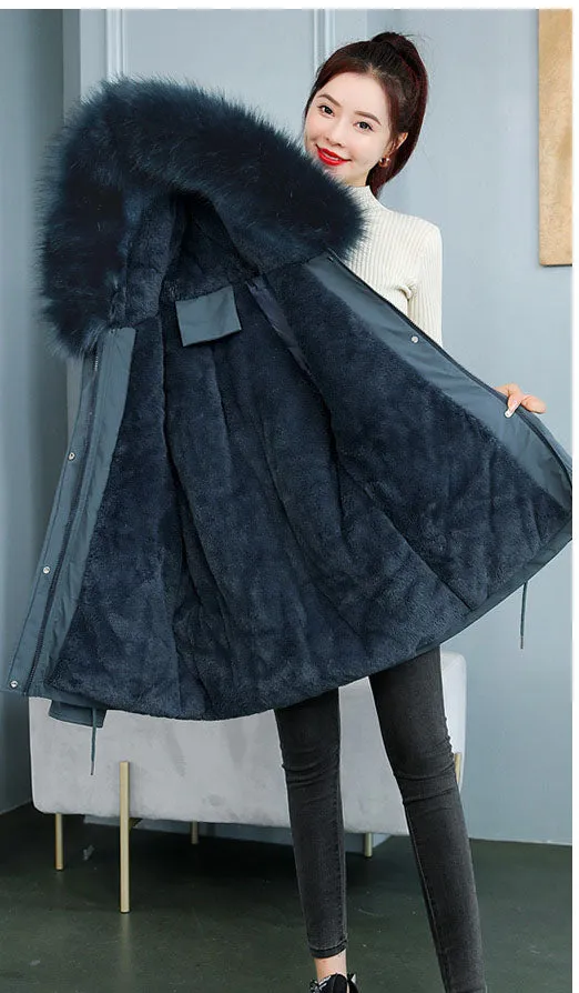 Solid Zip-Up Parka with a Thickened Fleece-Lined Interior