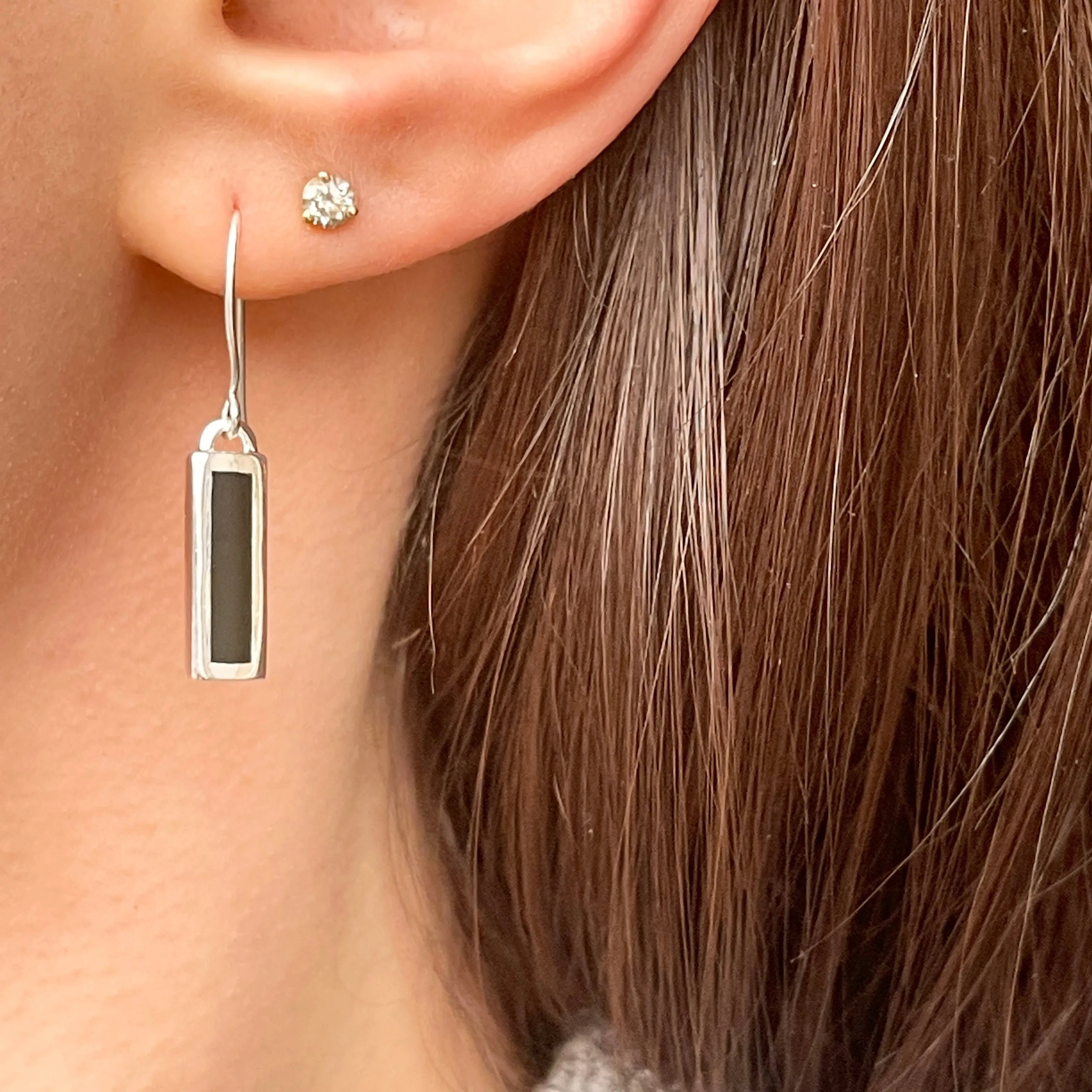 Sterling Silver Black Onyx Bar Dangle Earrings