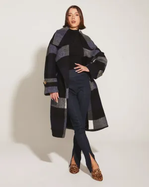 Stranger Oversized Collared  Waist Tie Coat Navy Check