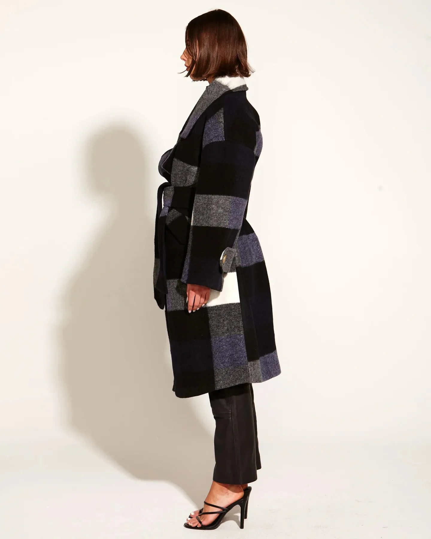 Stranger Oversized Collared  Waist Tie Coat Navy Check