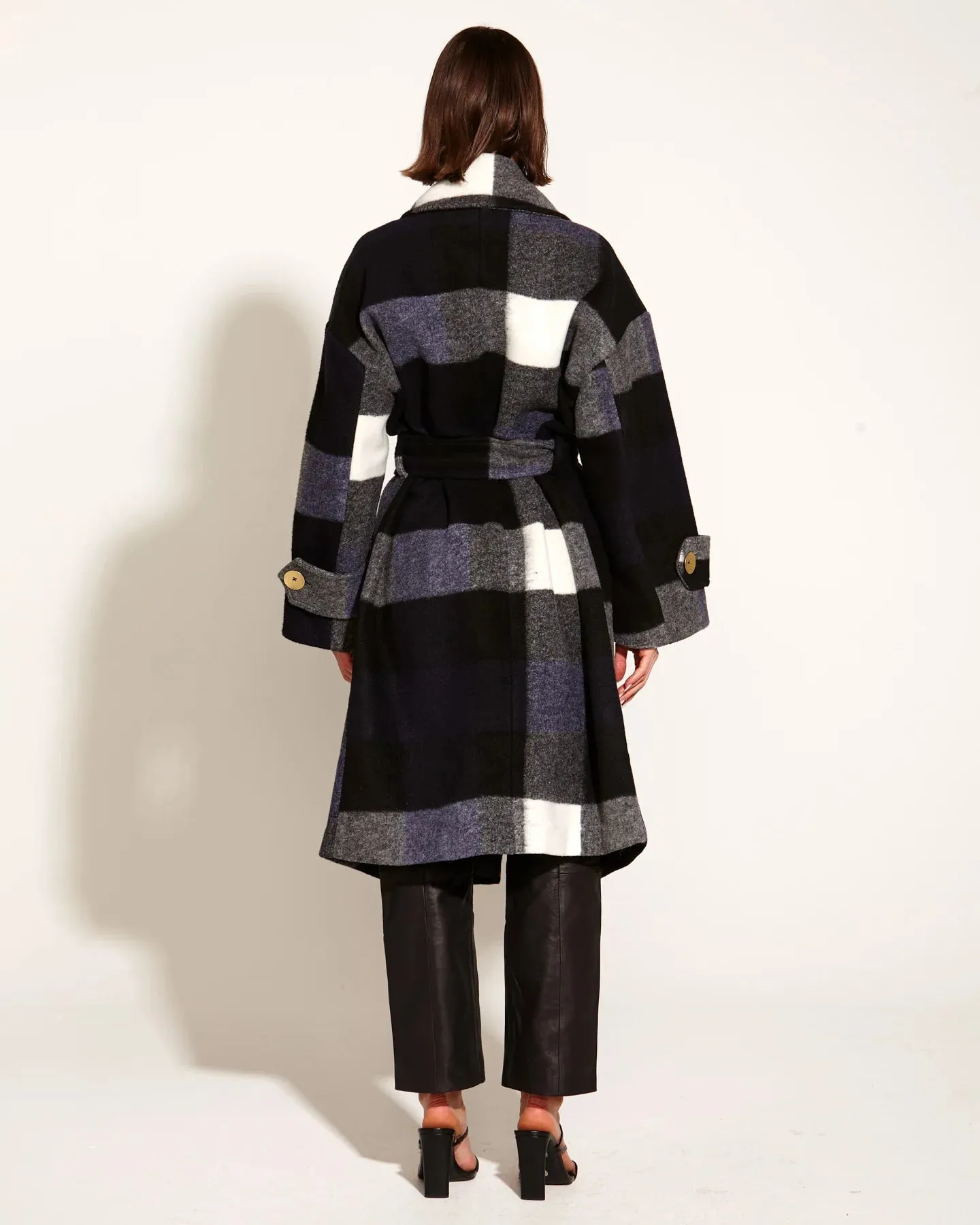 Stranger Oversized Collared  Waist Tie Coat Navy Check