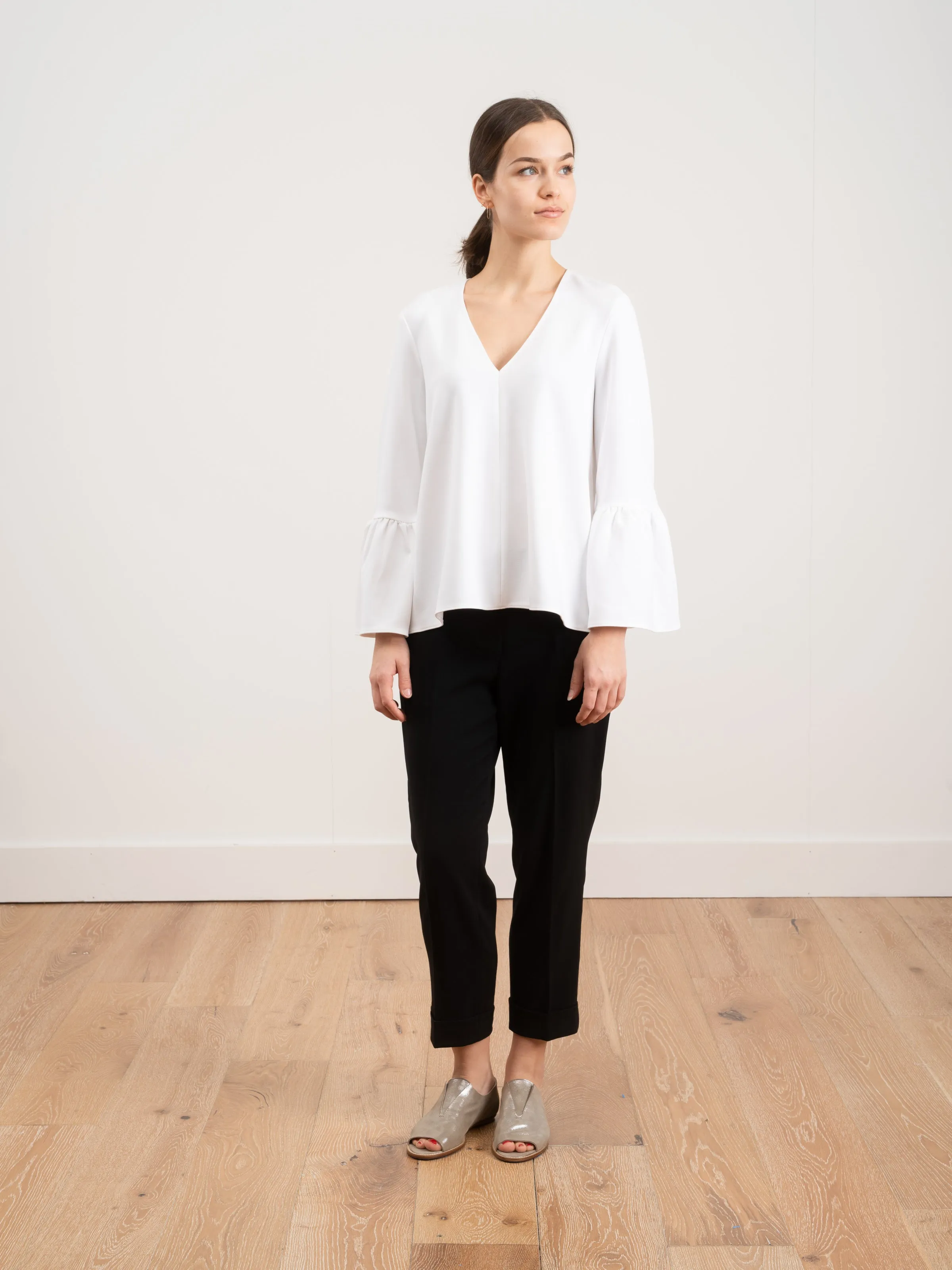 structured crepe v-neck ruffle top