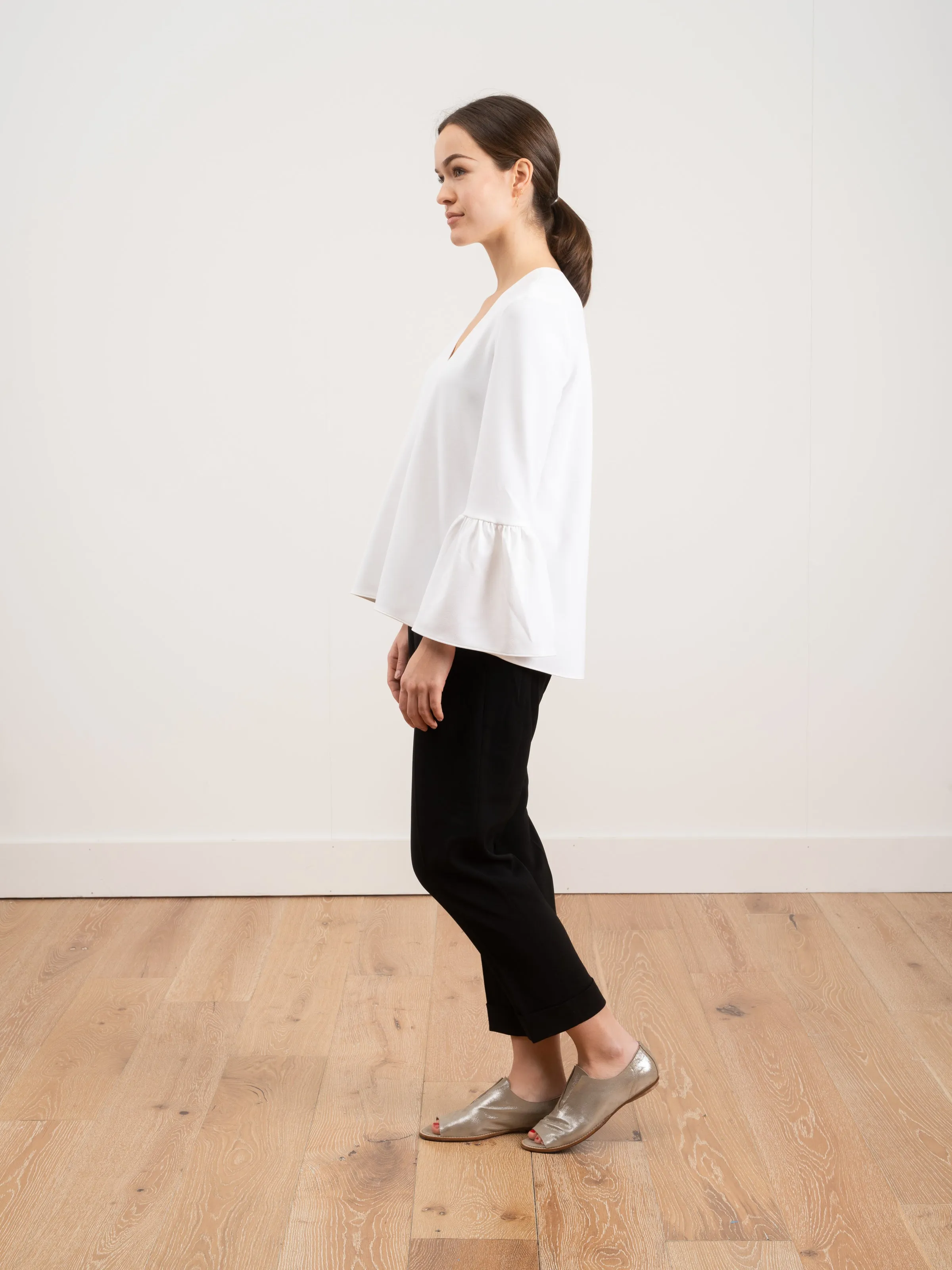 structured crepe v-neck ruffle top