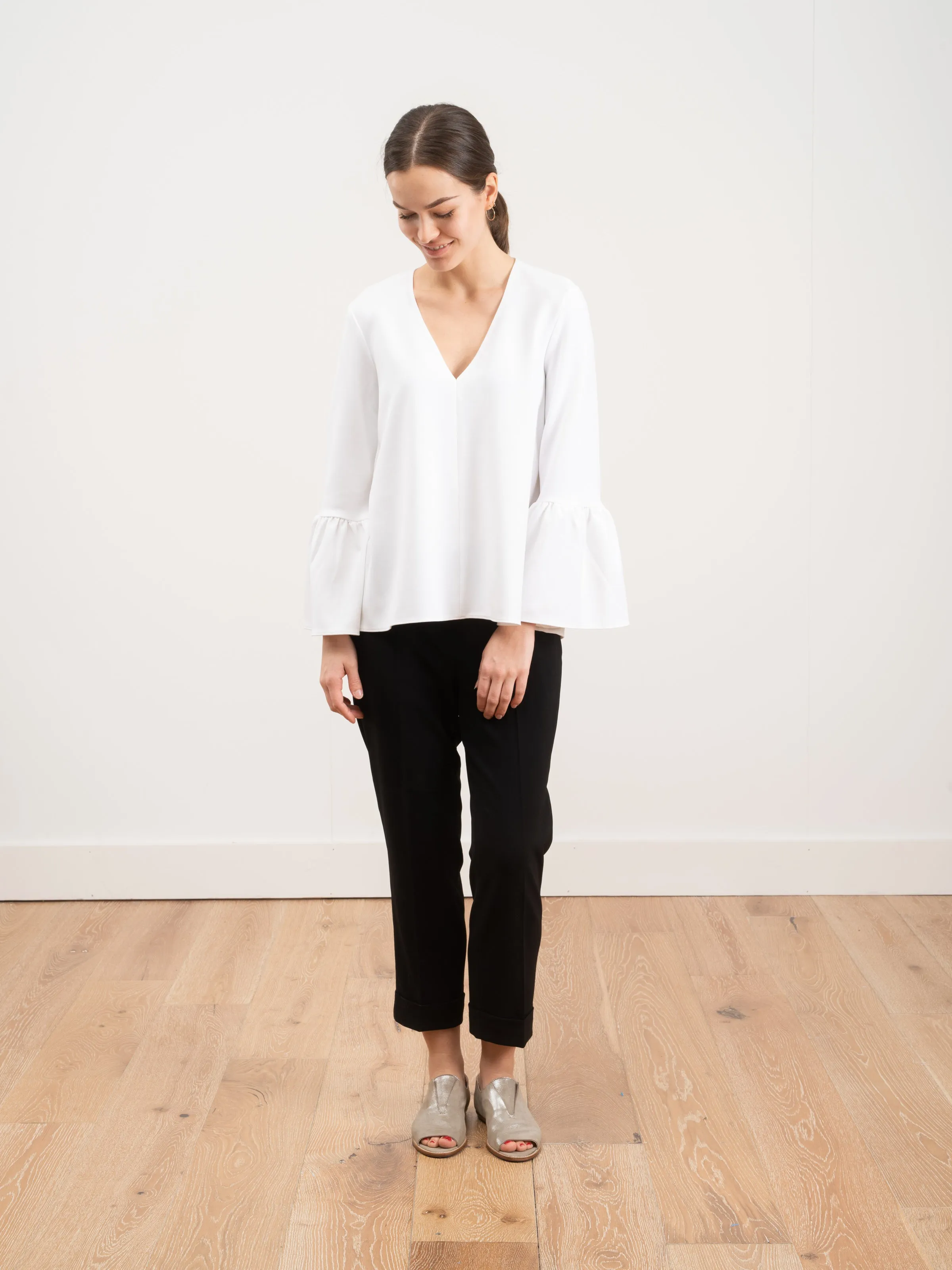 structured crepe v-neck ruffle top