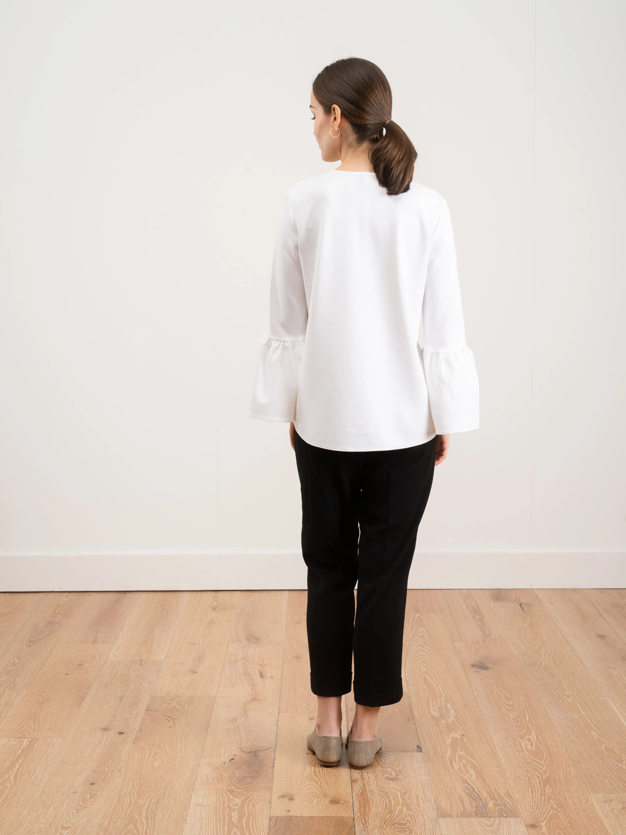 structured crepe v-neck ruffle top