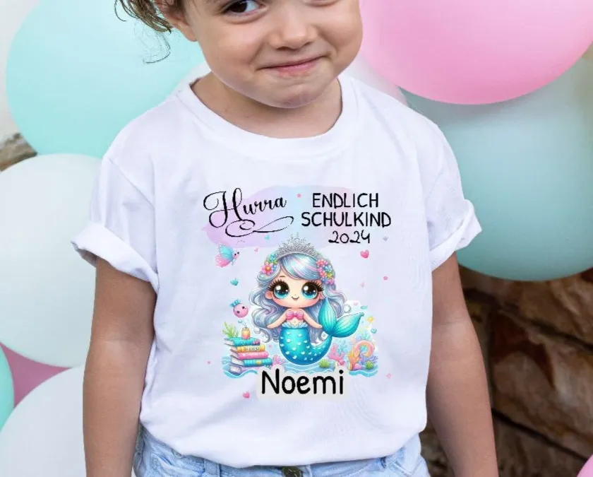 T-Shirt endlich Schulkind Meerjungfrau mit Name personalisiert Mädchen Einschulungsshirt Einschulung erste Klasse Geschenk