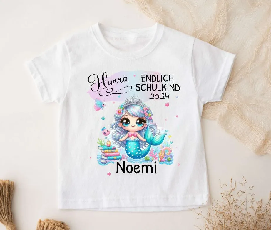 T-Shirt endlich Schulkind Meerjungfrau mit Name personalisiert Mädchen Einschulungsshirt Einschulung erste Klasse Geschenk
