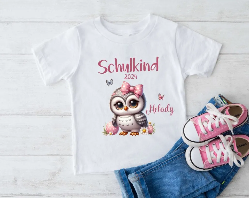 T-Shirt Schulkind Eule mit Name personalisiert Mädchen Einschulungsshirt Einschulung erste Klasse Geschenk