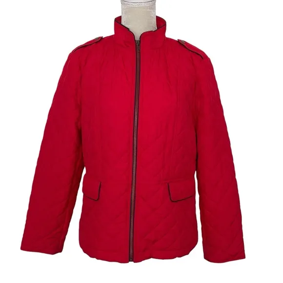 Talbots Quilted Military Red Coat Women’s Size XLP Zip Up Black Trim Tailored