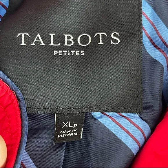 Talbots Quilted Military Red Coat Women’s Size XLP Zip Up Black Trim Tailored