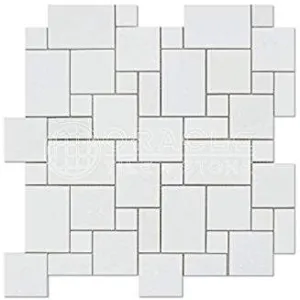 Thassos White Greek Marble Mini-Versailles Pattern Mosaic Tile, Polished