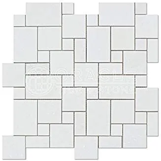 Thassos White Greek Marble Mini-Versailles Pattern Mosaic Tile, Polished