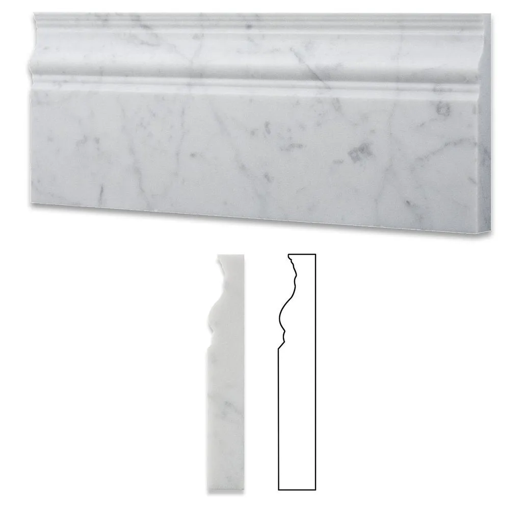 Tilefornia Italian Carrara White Marble 4 3/4" X 12" Baseboard Trim Molding Polished/Honed