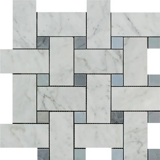 Tilefornia Italian Carrara White Marble Large Basketweave Mosaic Tile w/ Blue/Gray Marble Dots Polished/Honed
