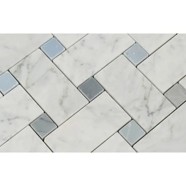 Tilefornia Italian Carrara White Marble Large Basketweave Mosaic Tile w/ Blue/Gray Marble Dots Polished/Honed