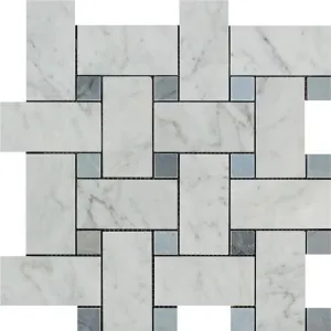 Tilefornia Italian Carrara White Marble Large Basketweave Mosaic Tile w/ Blue/Gray Marble Dots Polished/Honed