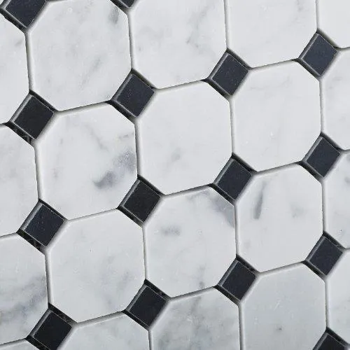 Tilefornia Italian Carrara White Marble Octagon w/ Black Marble Dots Mosaic Tile Polished/Honed