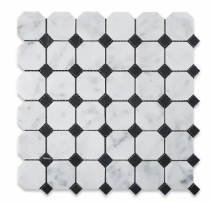 Tilefornia Italian Carrara White Marble Octagon w/ Black Marble Dots Mosaic Tile Polished/Honed