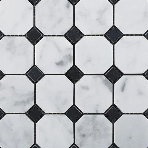 Tilefornia Italian Carrara White Marble Octagon w/ Black Marble Dots Mosaic Tile Polished/Honed