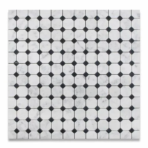 Tilefornia Italian Carrara White Marble Octagon w/ Black Marble Dots Mosaic Tile Polished/Honed