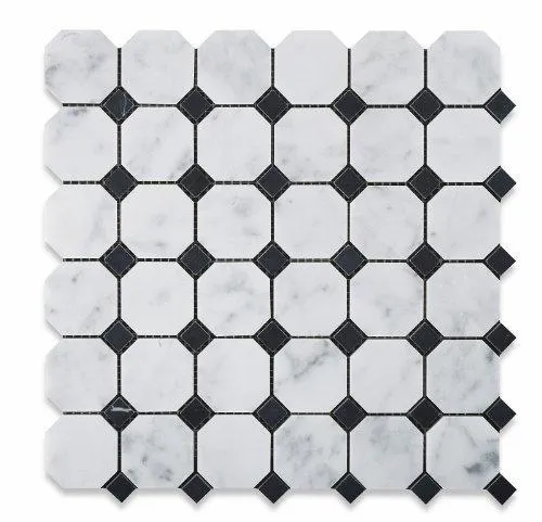 Tilefornia Italian Carrara White Marble Octagon w/ Black Marble Dots Mosaic Tile Polished/Honed