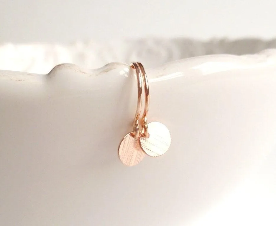 Tiny Rose Gold Disk Earrings, small rose gold dangles, rose gold circle simple round rose gold earring rose gold minimalist rose gold coin