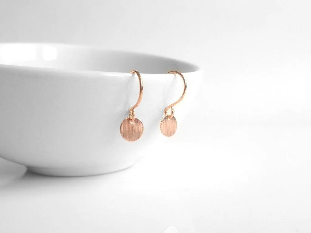 Tiny Rose Gold Disk Earrings, small rose gold dangles, rose gold circle simple round rose gold earring rose gold minimalist rose gold coin