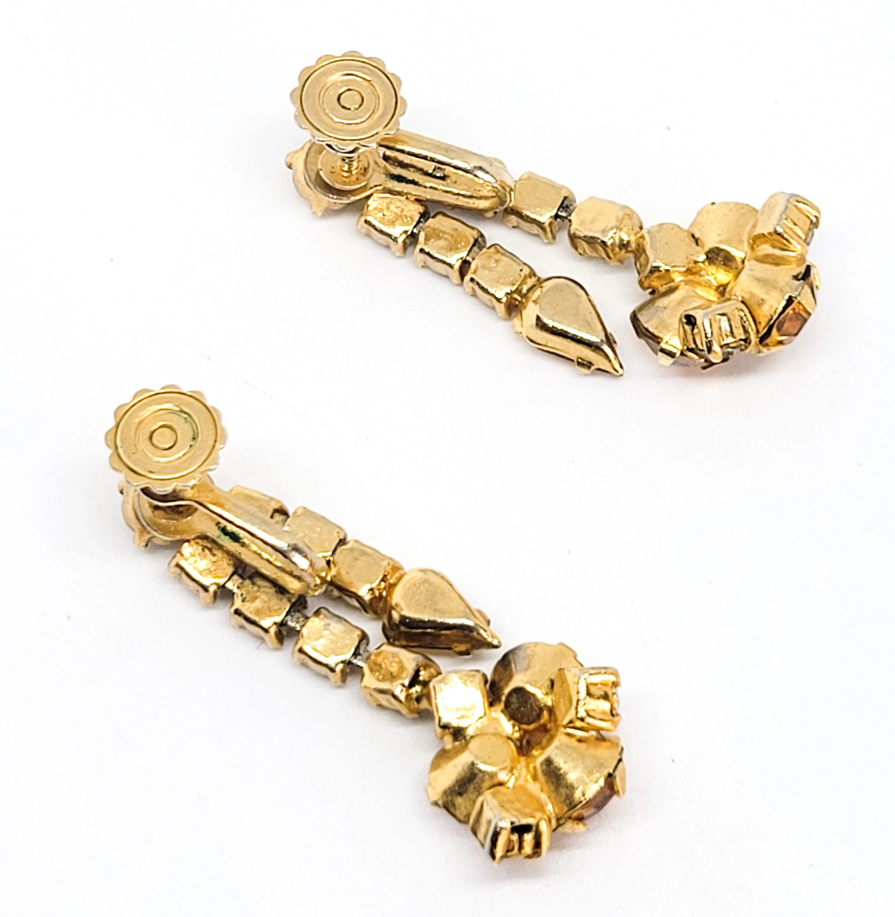 Topaz warm amber tear drop vintage dangle rhinestone screw back earrings estate