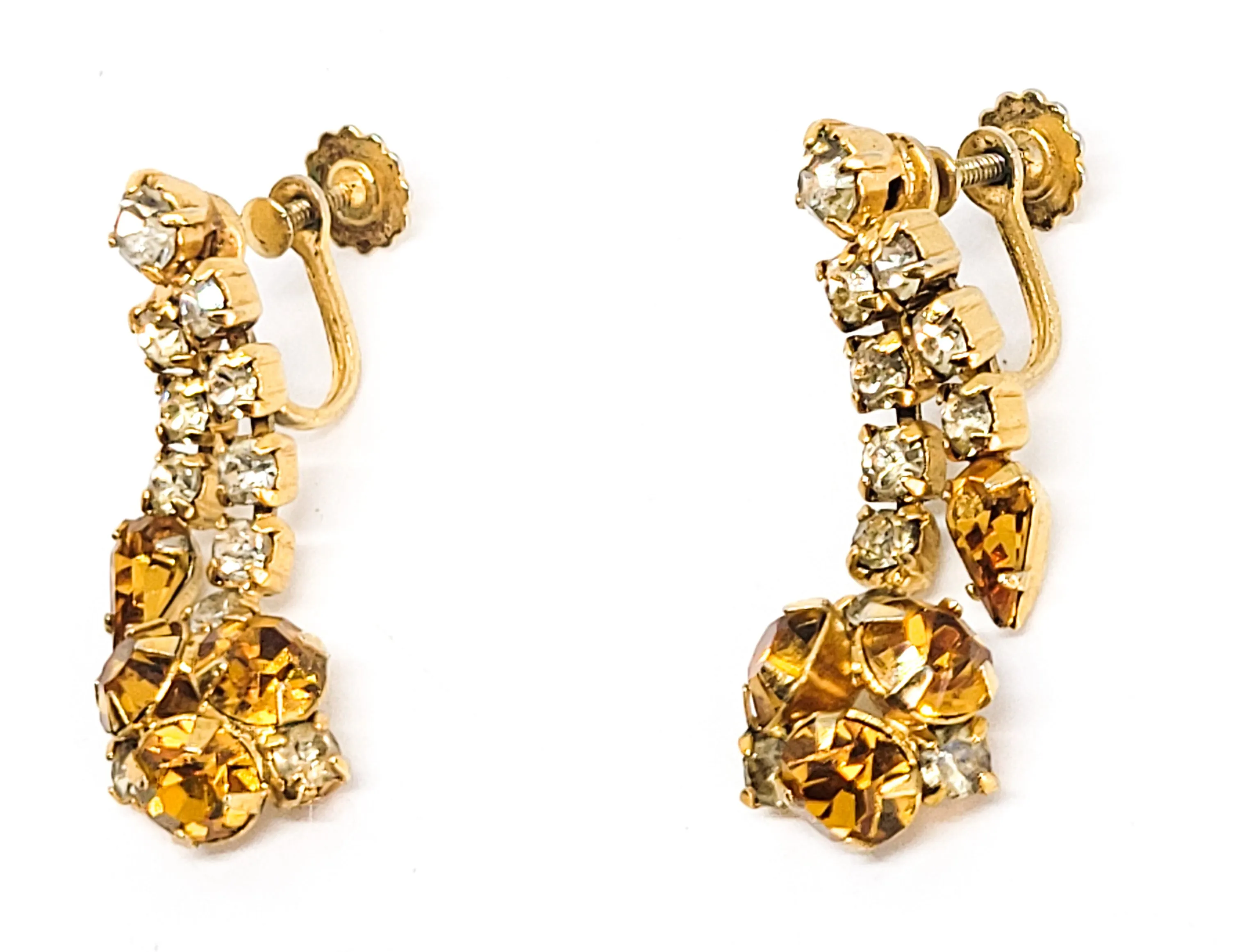 Topaz warm amber tear drop vintage dangle rhinestone screw back earrings estate