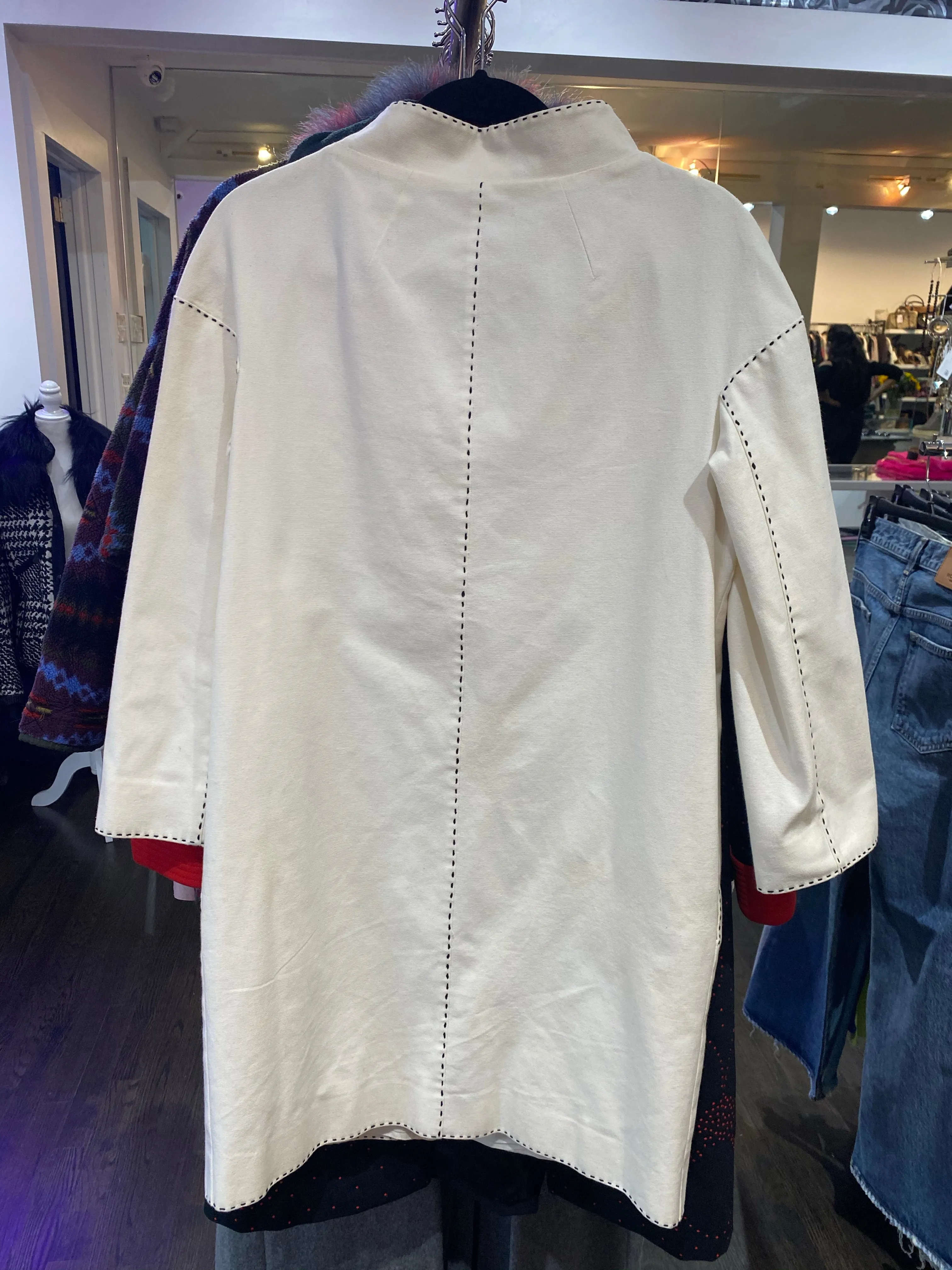 Vintage:  Moschino White Button Down Coat with Flower Design with Exposed Stitching