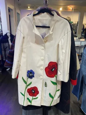 Vintage:  Moschino White Button Down Coat with Flower Design with Exposed Stitching