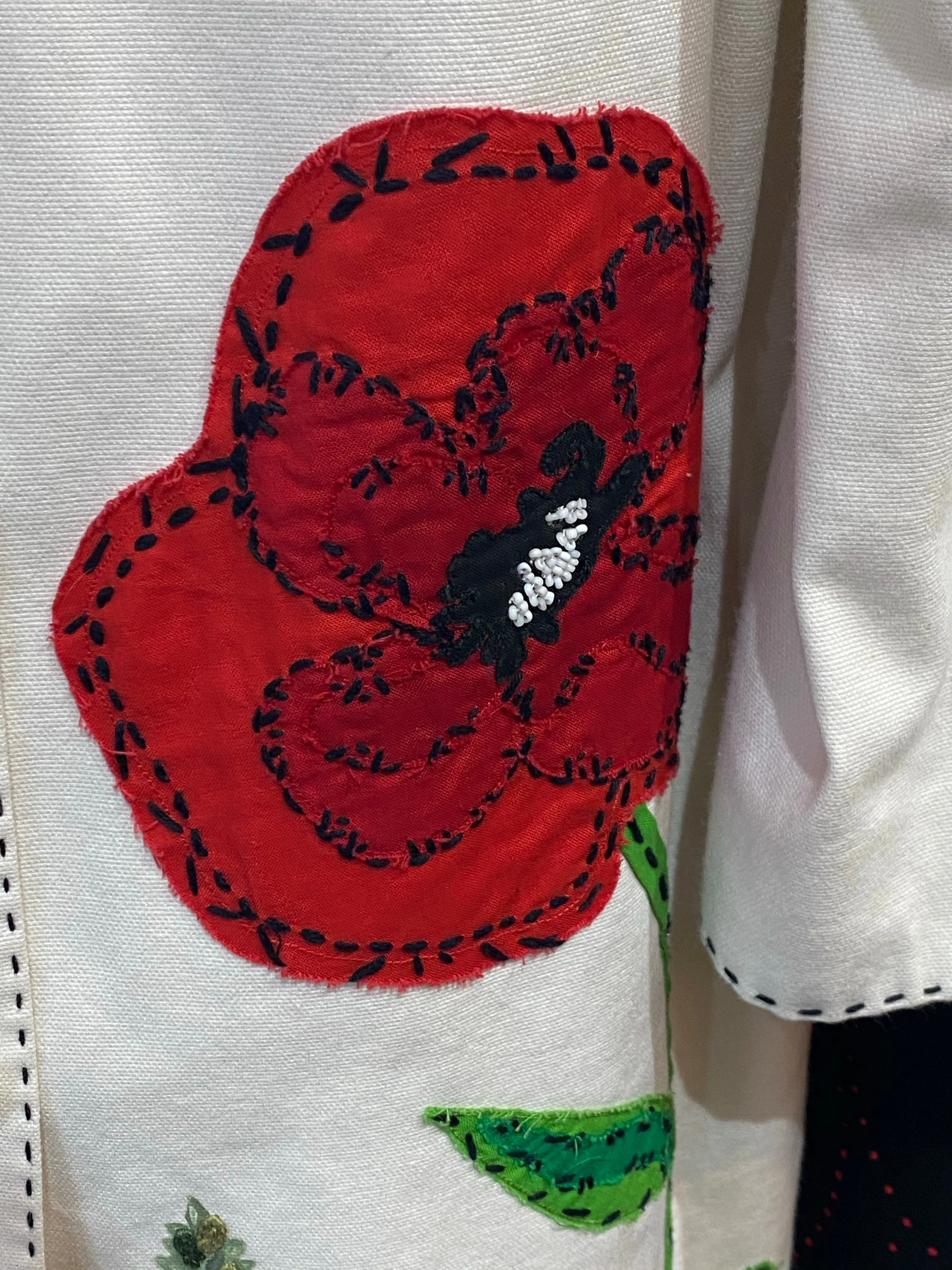 Vintage:  Moschino White Button Down Coat with Flower Design with Exposed Stitching