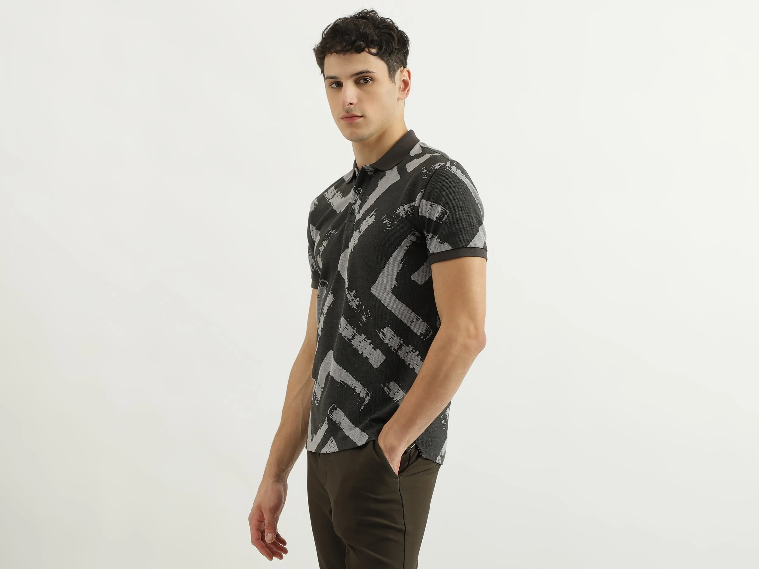 Waffle Detail Polo Collar T-Shirt