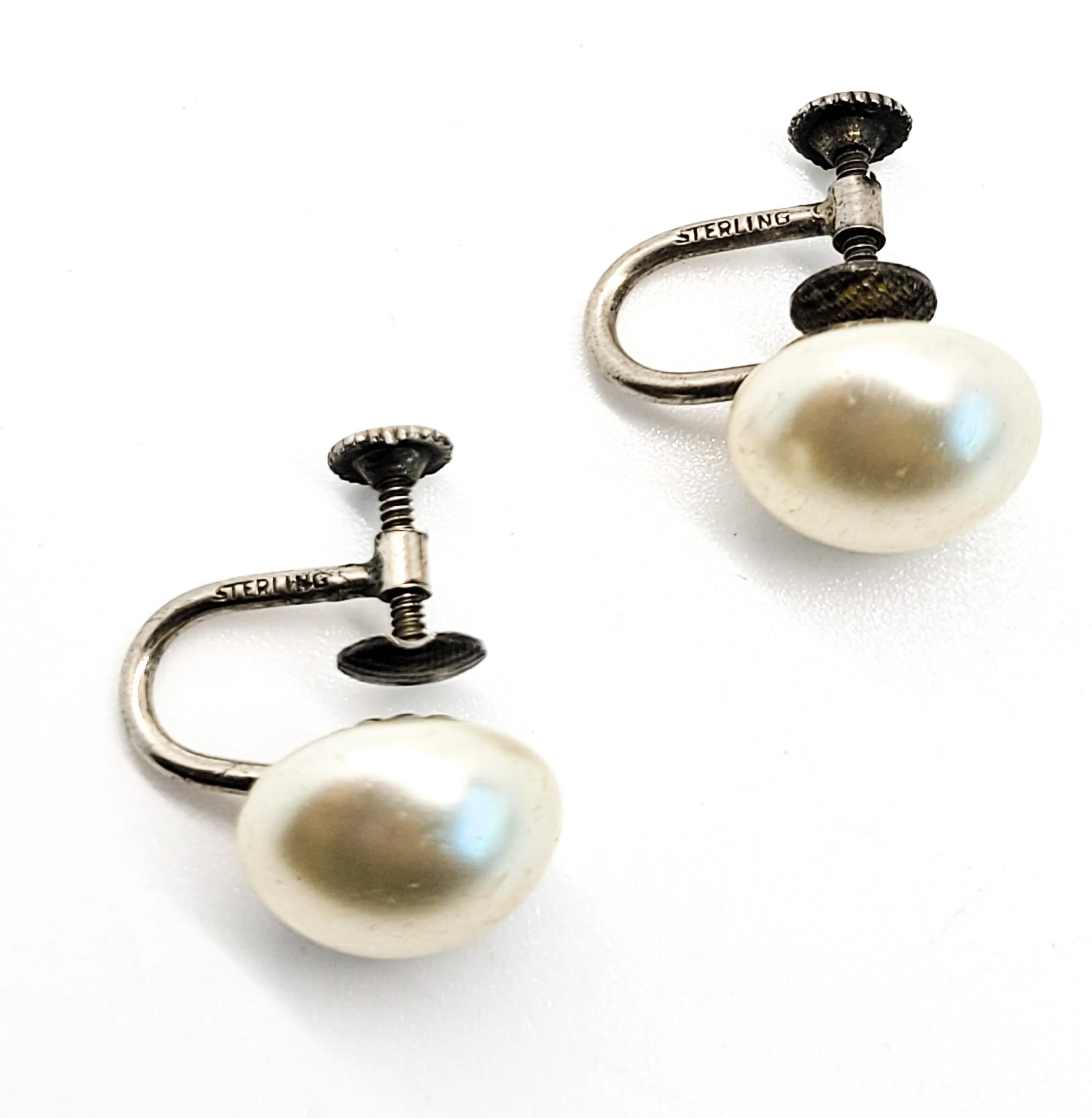 White faux pearl vintage sterling silver screw back button earrings