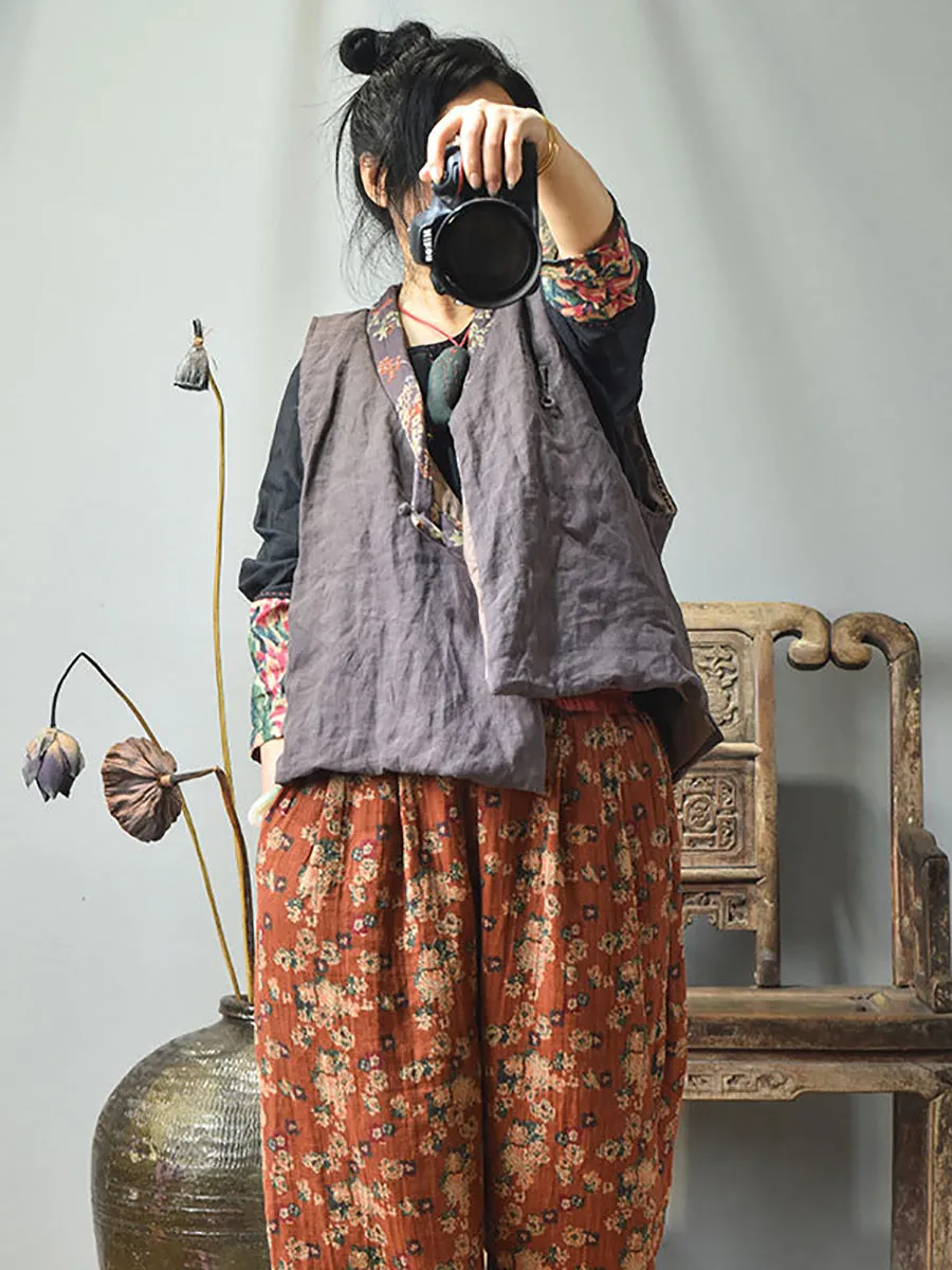 Women Ethnic Flower Spliced V-Neck Vest Coat