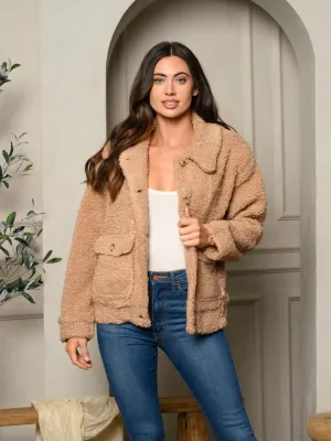 WOMEN'S FUZZY COLLAR BUTTON CLOSURE LONG JACKET
