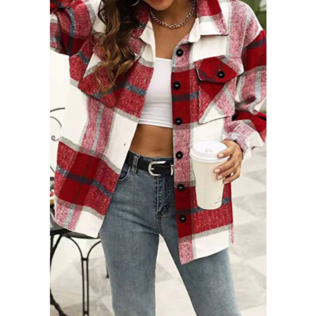 Women's Oversized Button Down Plaid Jacket | Long