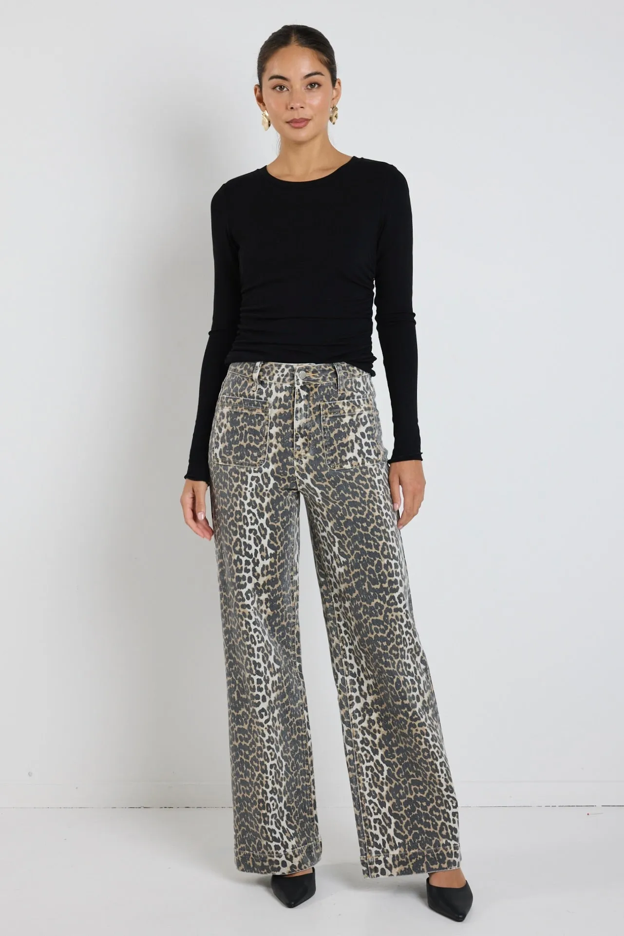 Zoey Leopard High Rise Wide Leg Pocket Jean